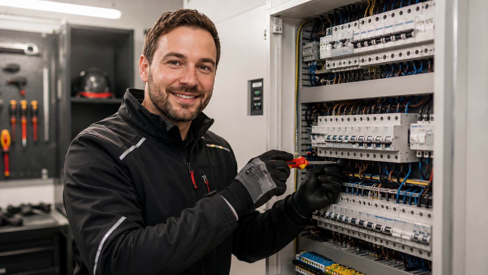 Filip Stárek při práci na elektroinstalaci